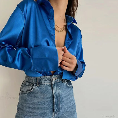 Button Up Satin Long Sleeve White Blouse