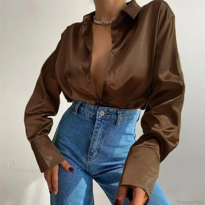 Button Up Satin Long Sleeve White Blouse