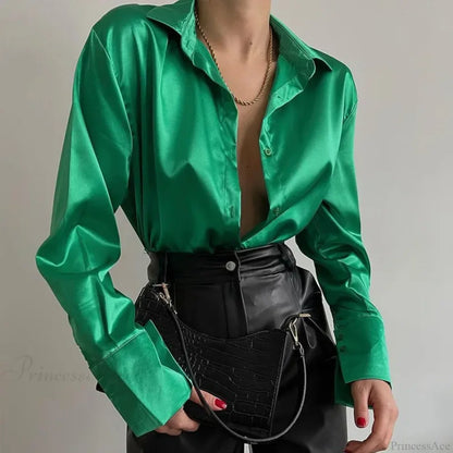 Button Up Satin Long Sleeve White Blouse