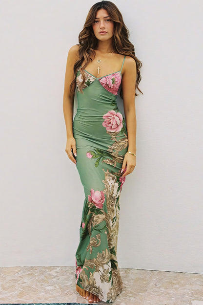 Vestido largo sexy con estampado, cuello en V, tirantes finos y espalda descubierta