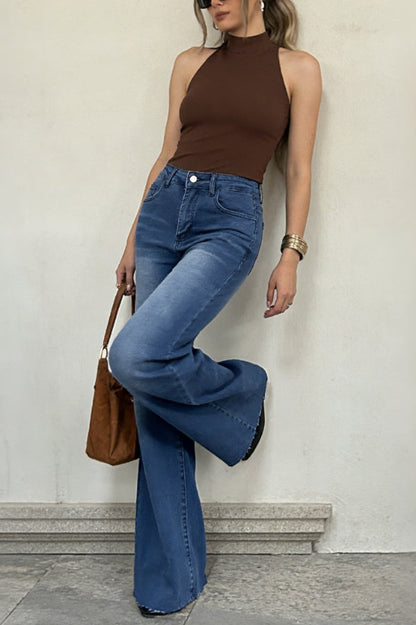Stylish High-waisted Pocket Casual Frayed Straight Leg Jeans