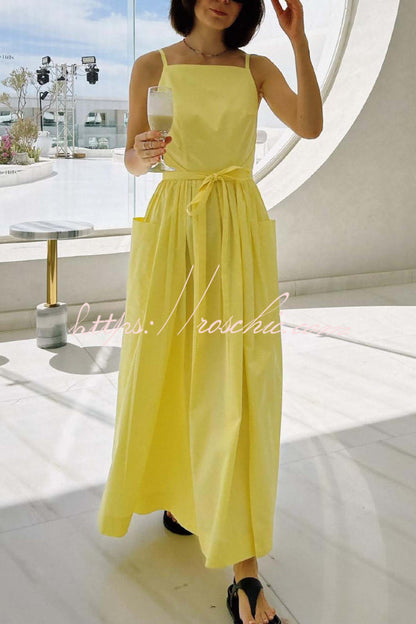 Solid Color Sleeveless Side Slit Tie-up Casual Vacation Pocket Maxi Dress