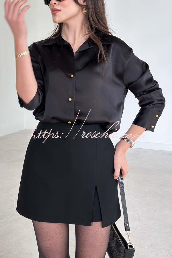 Solid Color Silk Satin Texture Single-breasted Long-sleeved Loose Shirt