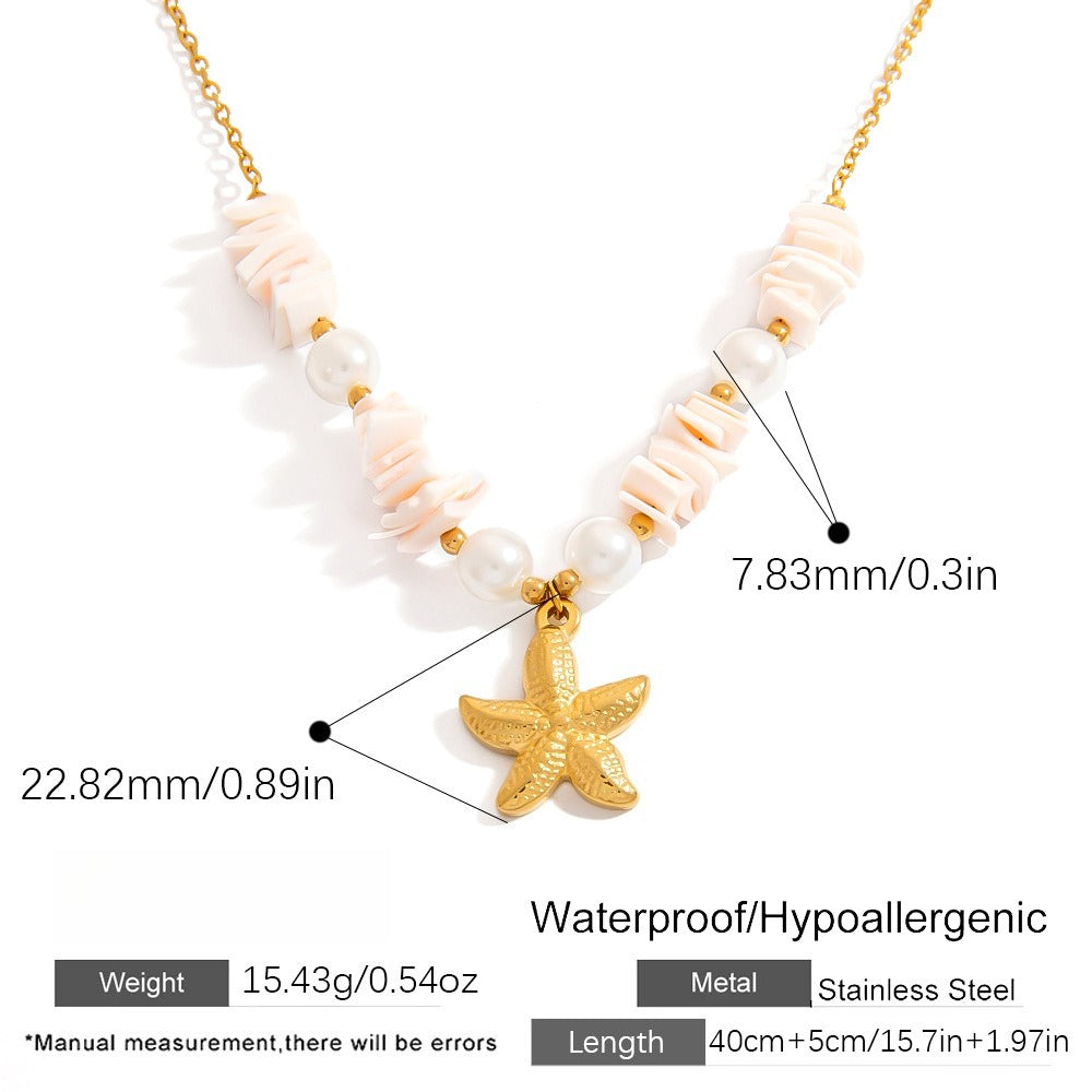 Collar de acero inoxidable con perla, estrella de mar y sol de piedra natural