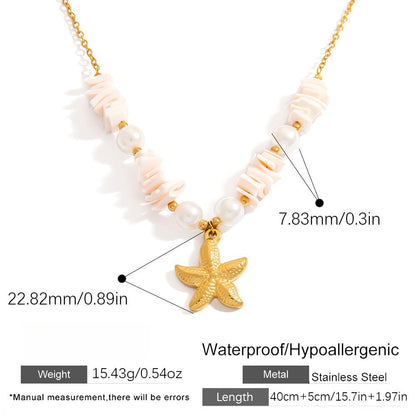 Collar de acero inoxidable con perla, estrella de mar y sol de piedra natural