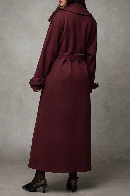 Wool Double Breasted Lapel Tie Long  Overcoat