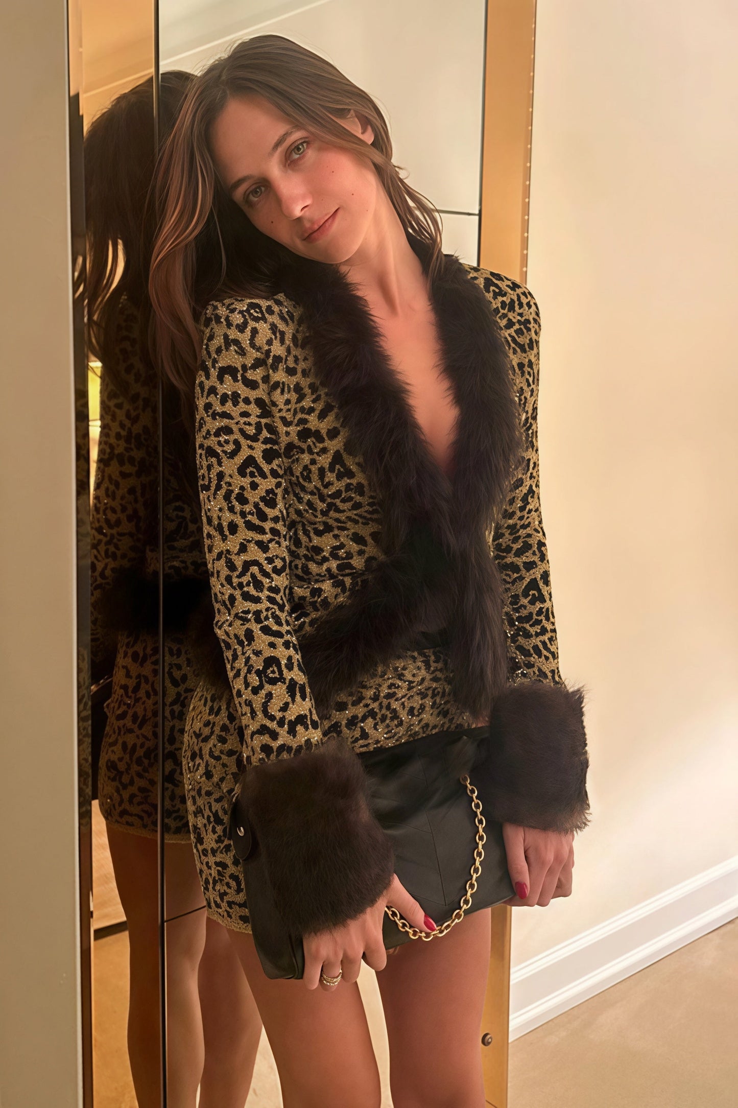 Leopard Print Shiny Fur Collar Patchwork Two Piece Set