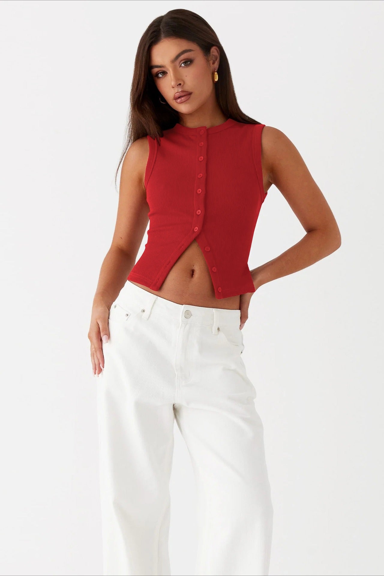 Top de punto sin mangas con cuello redondo