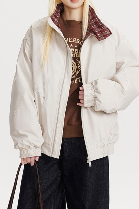 Chaqueta cálida holgada con cuello alto y paneles a cuadros vintage