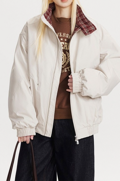 Chaqueta cálida holgada con cuello alto y paneles a cuadros vintage