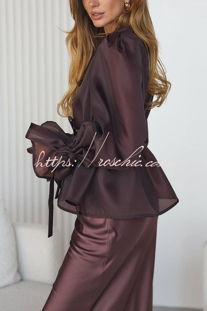 Graceful Party Tulle Knotted Long Sleeve Kimono Top and Satin Slip Midi Dress Set