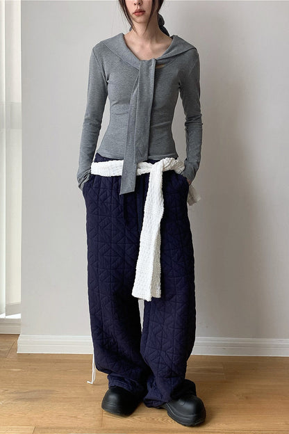 Pantalones térmicos gruesos acolchados con forma de diamante y cordón