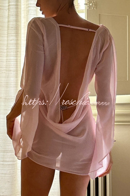 Solid Color See-through V-neck Long-sleeved Sexy Backless Mini Dress