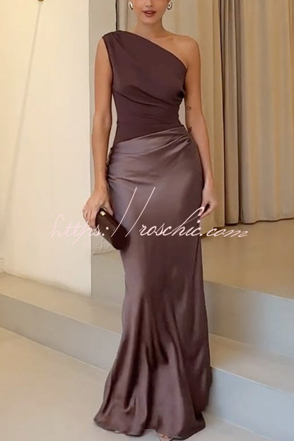 Kaia Satin Contrast Fabric Patchwork One Shoulder Ruched Maxi Dress