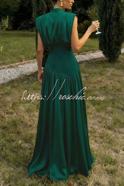 Elegant V-neck Sleeveless Fitted Waist High Slit Vacation Maxi Dress