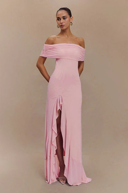 Off-Shoulder Ruffle Mesh Split Maxi Party Dress