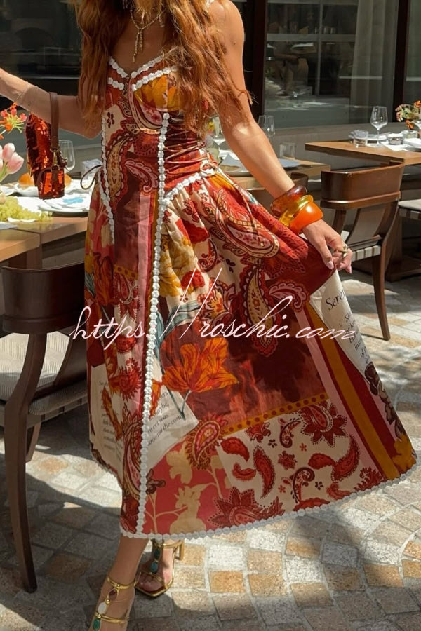 Unique Printed Floral Trim Suspender Side Tie Vacation Midi Dress