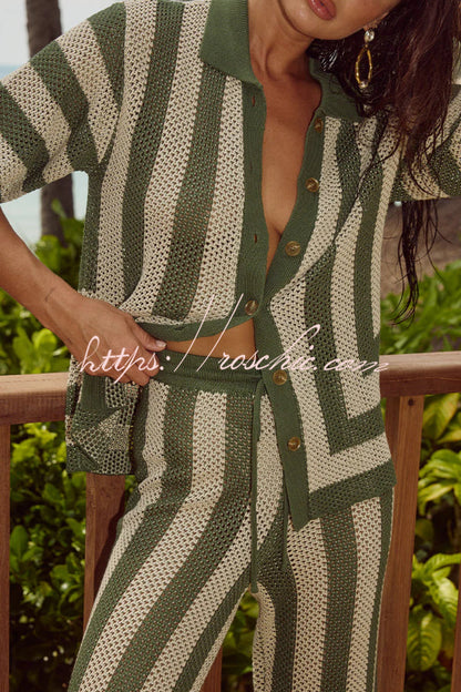 Stylish Knitted Collared Short-Sleeved Button-Up Top and Elastic Waist Casual Pants Cover-Up Set