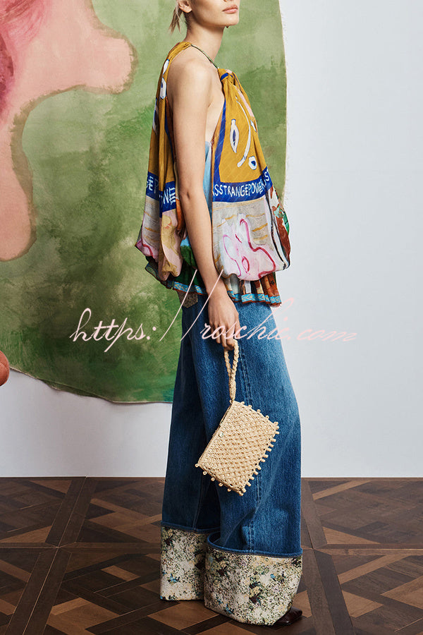 Artwork Print Chiffon Metal Clasp Halter Neck Gathered Drop Asymmetrical Hem Top