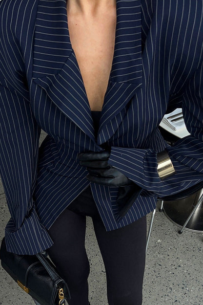 Striped Fitted Waist Designer Blazer Coat