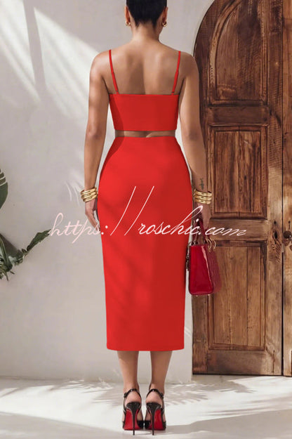 Stylish Spaghetti Strap Cropped Fitted Top and Elegant Asymmetrical Midi Skirt Set