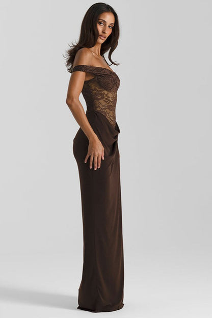 Vestido Formal Ajustado con Paneles de Encaje Sólido