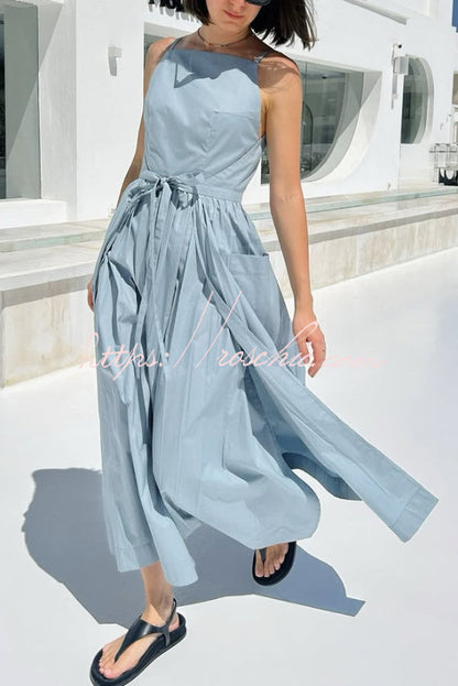 Solid Color Sleeveless Side Slit Tie-up Casual Vacation Pocket Maxi Dress