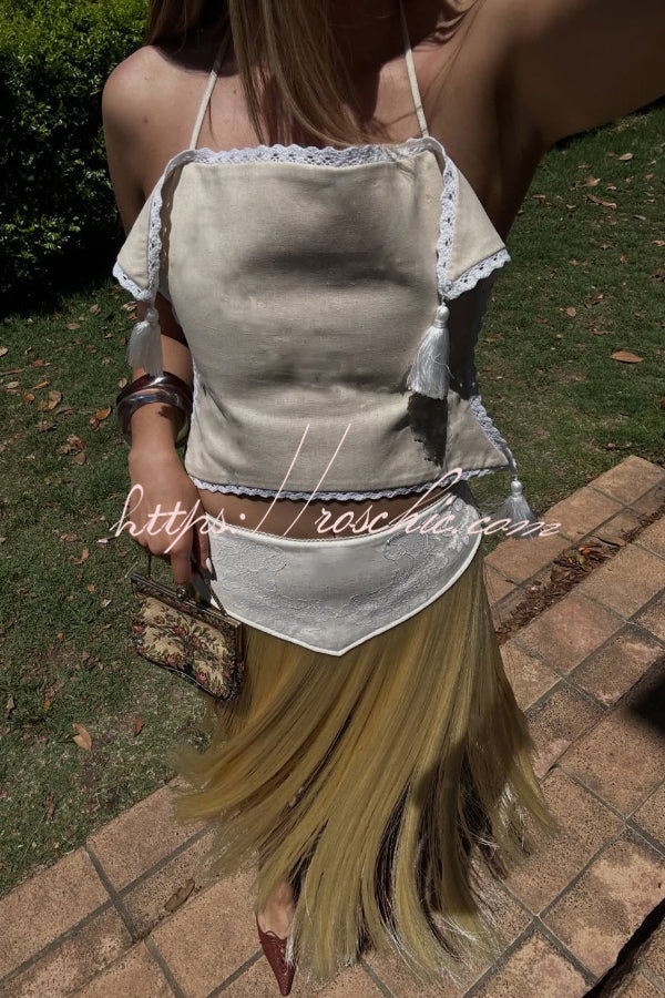 Fashionable Lace Appliqué Tassel Hem Vacation Maxi Skirt
