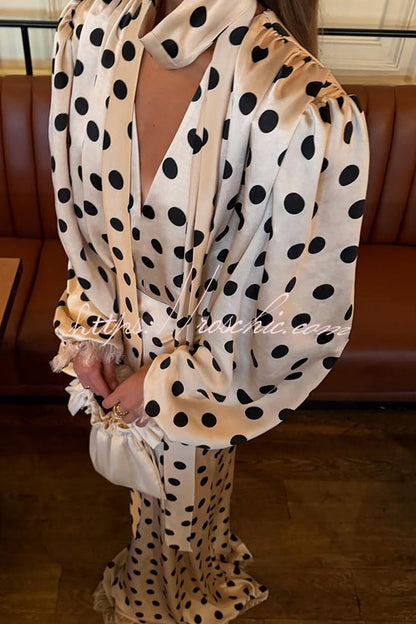 Chrissa Satin Polka Dot Print Lace Trim Tie-up Neck Balloon Sleeve Loose Blouse