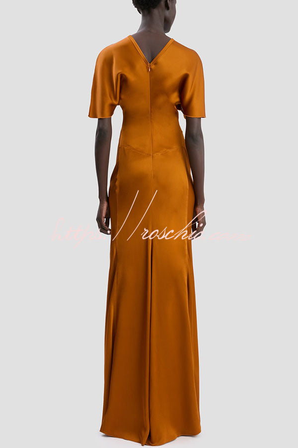 Isabella Satin Short Sleeve Ruched Waist V-shape Back Gown Maxi Dress