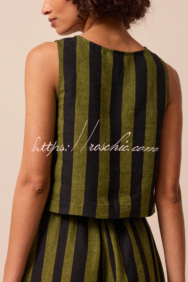 Striped Printed Crew Neck Sleeveless Top and Elastic Waist Wide-leg Pants Set