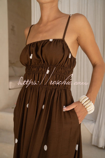 Polka Dot Print Spaghetti Strap Pleated Waist Casual Pocket Maxi Dress