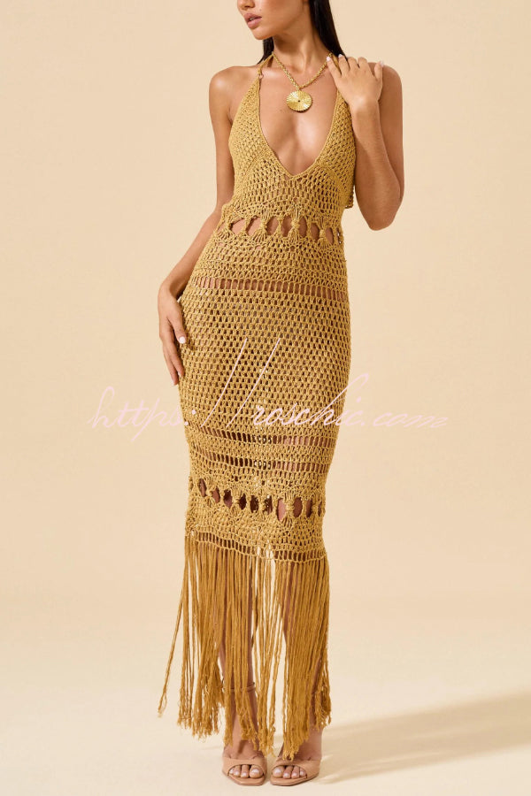 Fashionable Open-knit Backless Elegant Tassel Hem Vacation Cover-up Maxi Dress