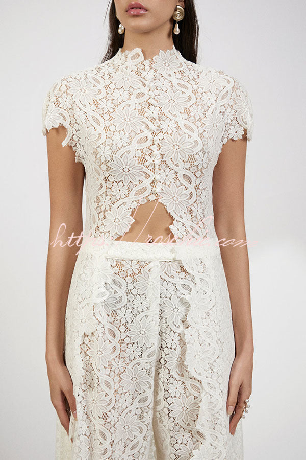Elegance Avant-garde Floral Lace Short Sleeve High Low Top and High Rise Wide Leg Pants Set