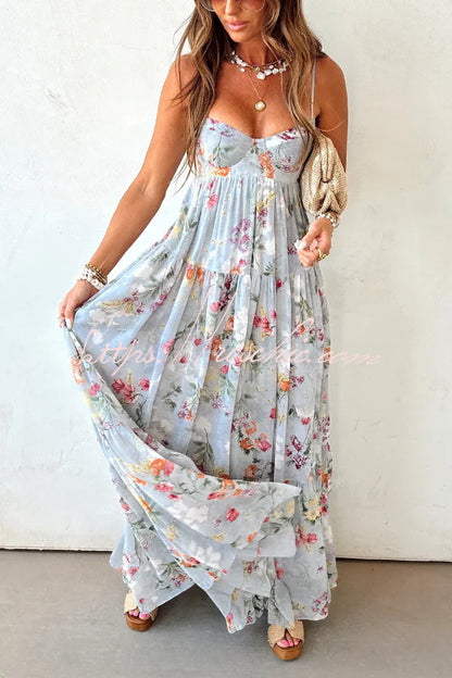 Bohemian Floral Print Chiffon Backless Wide Hem Loose Maxi Dress