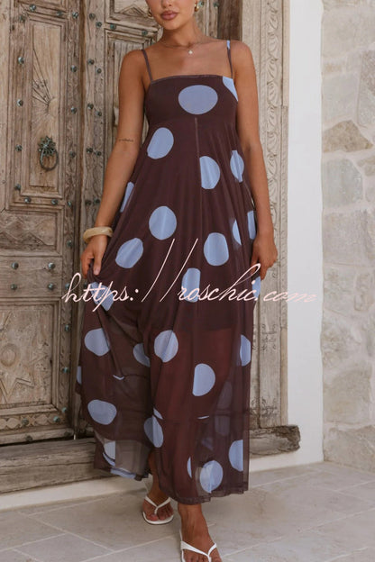 Polka Dot Print Mesh Spaghetti Strap Square Neck Vacation Maxi Dress