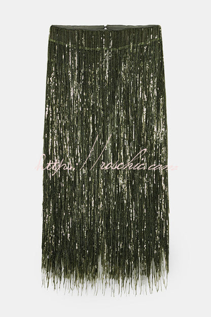 Stylish Sequined Tassel Elegant Midi Skirt