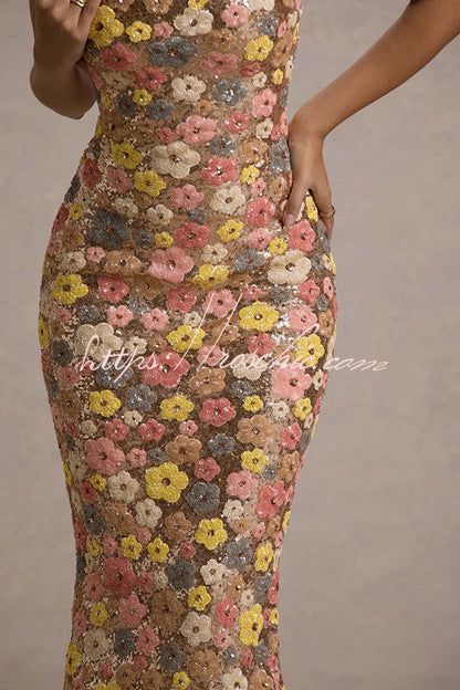 80's Inspired Floral Print Sequin Square Neck Slip Stretch Maxi Dress