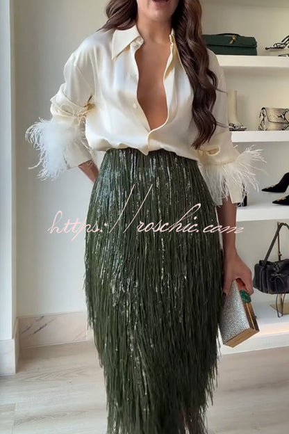 Party Crasher Feather Trim Long Sleeve Button Up Loose Blouse (Shipped Within 24 Hours)