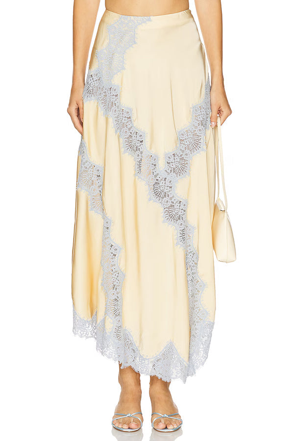 Wine Tasting Contrast Color Satin Lace Trim Irregular Hem Drape Midi Skirt (Shipped Within 24 Hours)