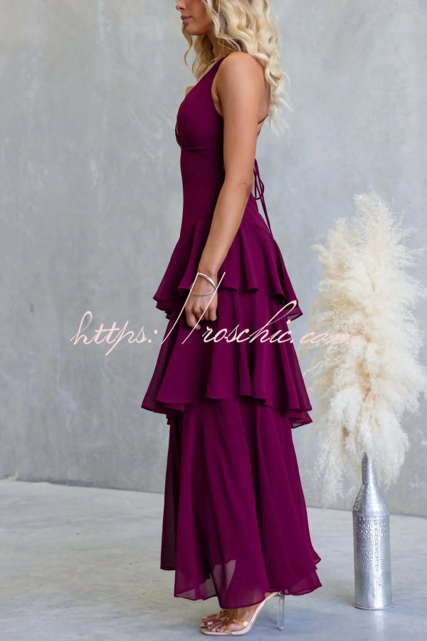 Solid Color V-neck Sleeveless Elegant Layered Maxi Dress