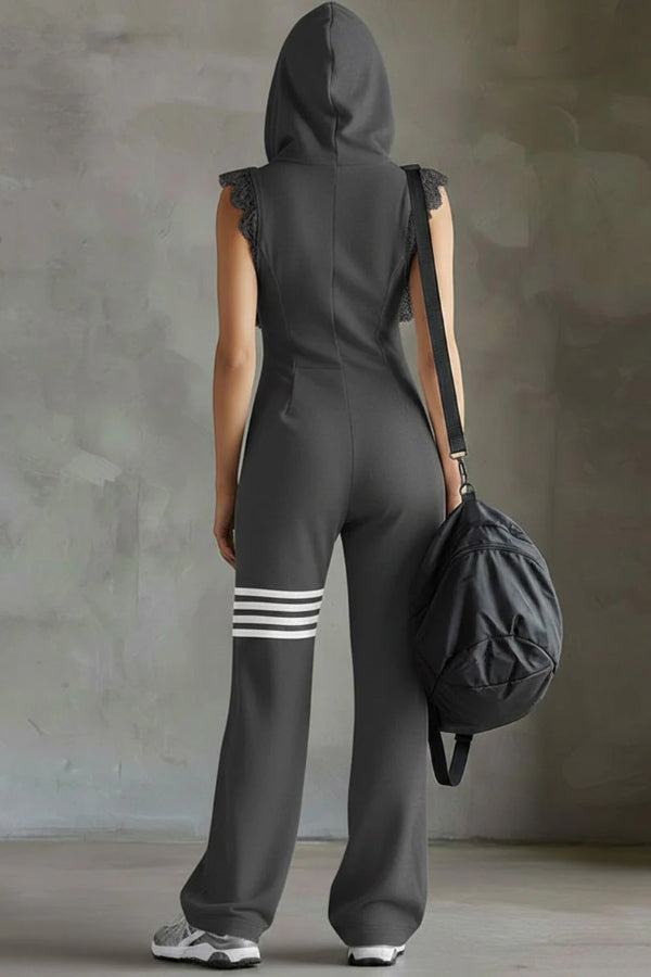 Stylish Hooded Sleeveless Lace Zipper Casual Sports Jumpsuit