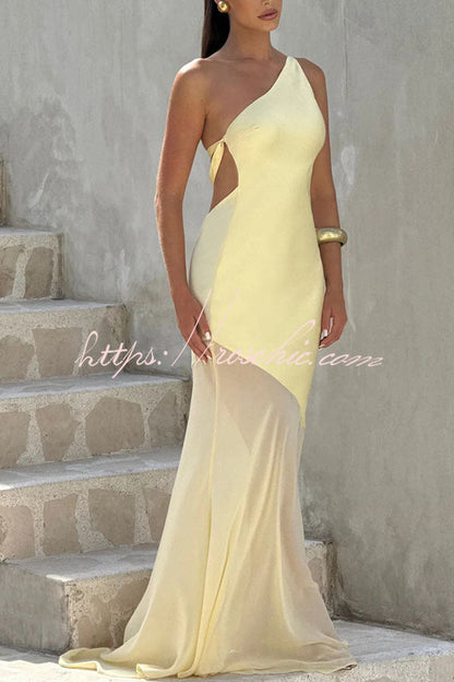 Fable Satin One Shoulder Back Adjustable Straps Contrast Chiffon Hem Maxi Dress