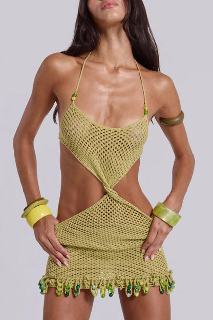 Fashionable Openwork Knit Halter Neck Tie Slim Fit Cover-up Mini Dress