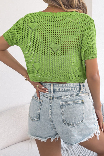 Solid Color Loose-fitting Hollow V-neck Short-sleeved Knitted Cardigan