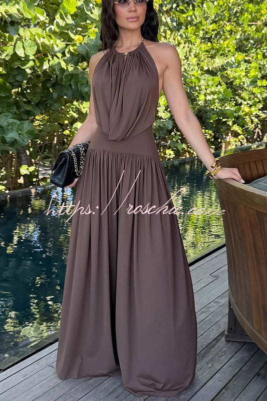 Lightweight Chic Metal Ring Drape Cowl Halter Neck Bodysuit and Elastic Waist Wide Leg Pants Set