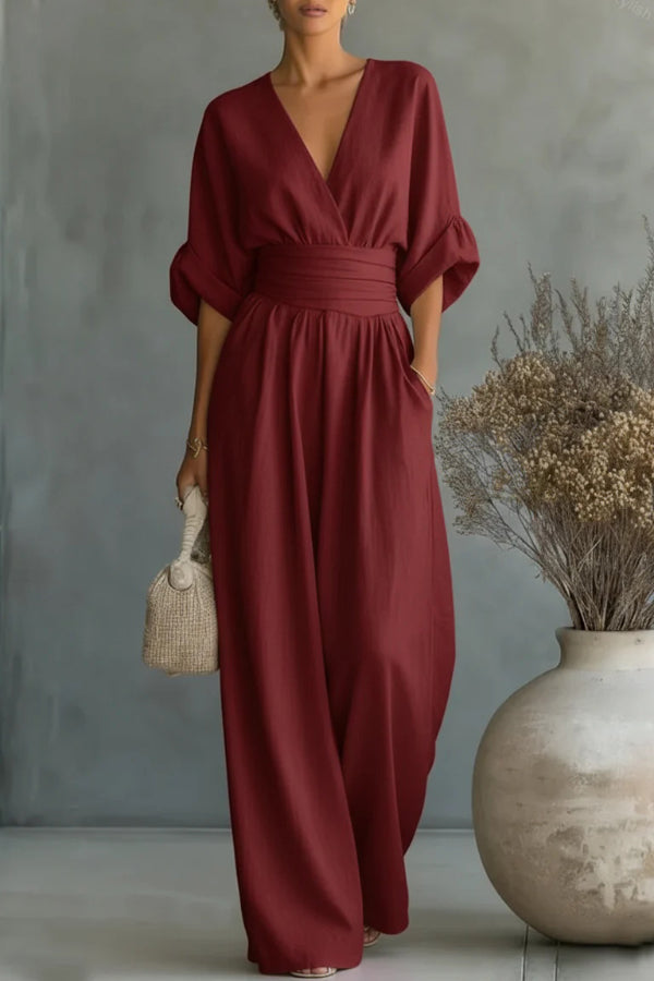 Solid Color V-neck Fitted Waist Pocket Casual Wide-leg Jumpsuit