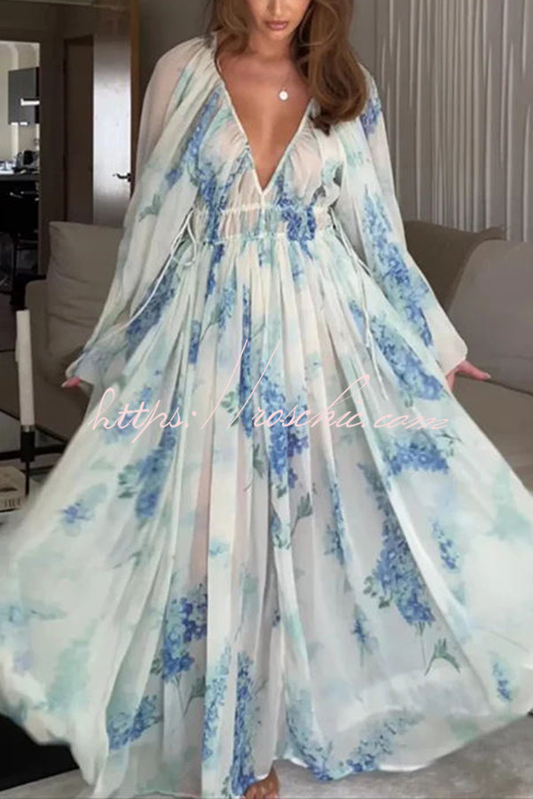 Headed To The Ocean Chiffon Floral Drawstring Waist Maxi Dresses