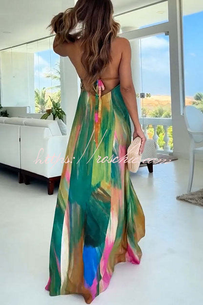 Andie Splash Ink Printed Cutout Back Tie-up Slit Vacation Maxi Dress