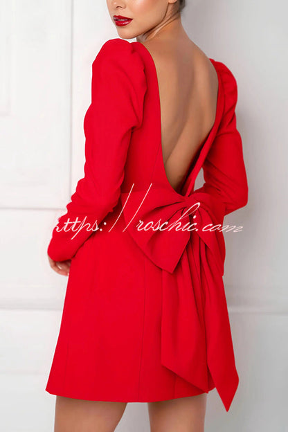 Gift for You Puff Shoulder Long Sleeve Back Bow Detail Mini Dress (Shipped Within 24 Hours)